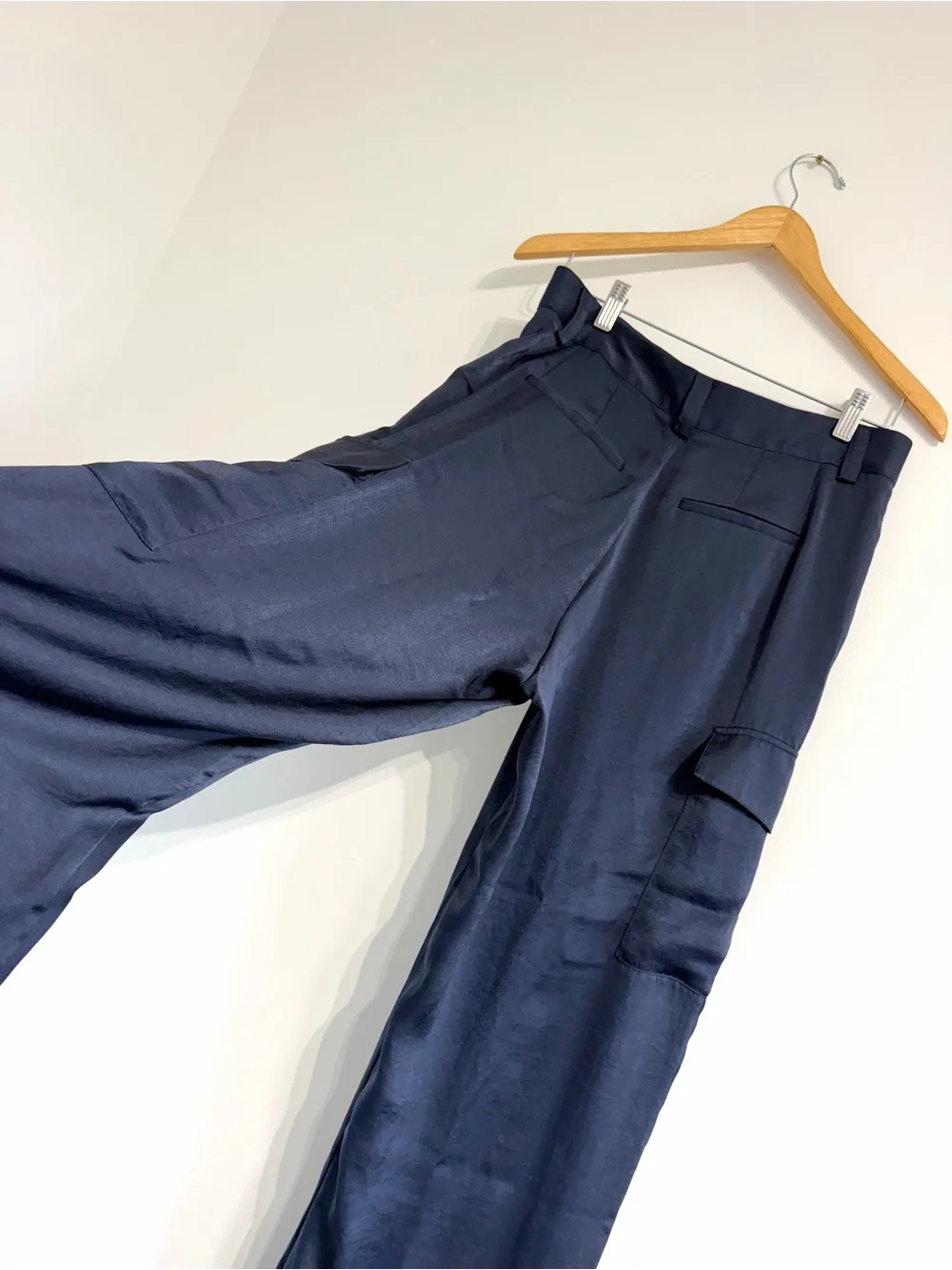 Ba&sh Cary Wide-Leg Navy Cargo Dress Pants slinky fabric